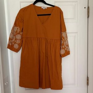 Madewell Yellow V-Neck Cotton Linen Dress with White Embroidered Sleeves